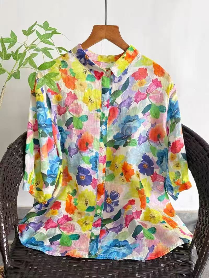 Japan Summer Clothing Women - Camisa Feminina de Ramie Puro 2026